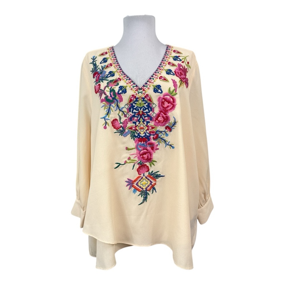 Calessa Women's Petite XL PXL Pullover Tunic Top Blouse Embroidered 3/4 Sleeves